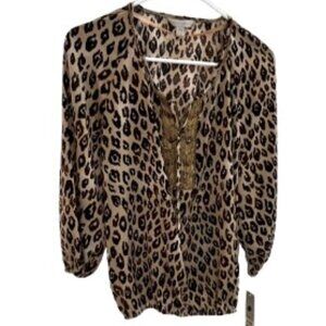 NWT Laura Ashley Leopard Print Peasant Blouse Top w/ Chain/Bead Detail